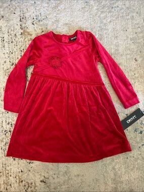 Vintage DKNY Girls Red Velvet Velour Long Sleeve Dress with Floral Applique